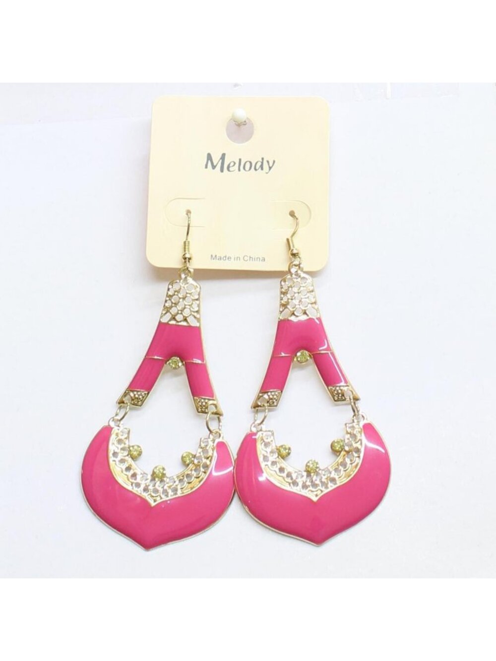 NWT Melody Fashion Enamel Filigree Teardrop Dangly Earrings Gold / Pink 3.5"